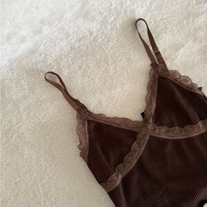 Divided Brown Lace Trim Ribbed Cami
